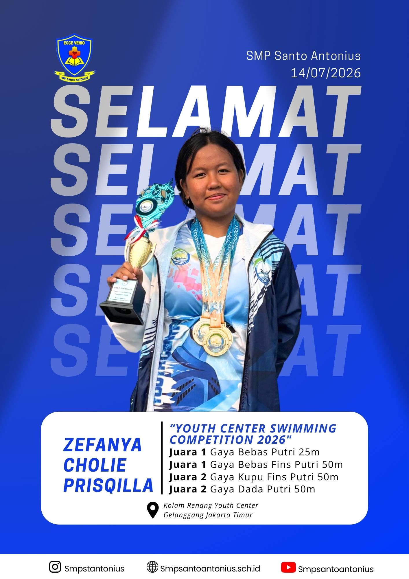 Zefanya Cholie Prisqilla Raih Empat Prestasi Membanggakan di Youth Center Swimming Competition 2026